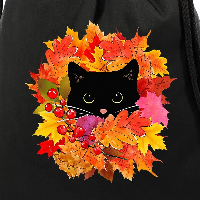 Cute Black Cat Pile of Leaves Cute Cats and Fall Season Drawstring Bag