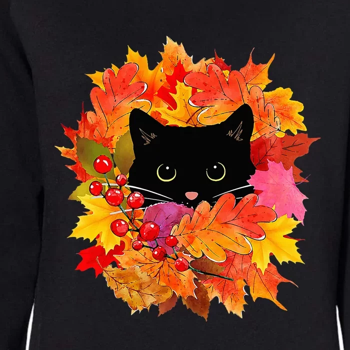 Cute Black Cat Pile of Leaves Cute Cats and Fall Season Womens California Wash Sweatshirt