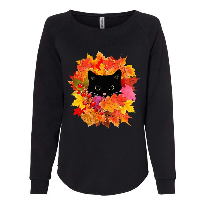 Cute Black Cat Pile of Leaves Cute Cats and Fall Season Womens California Wash Sweatshirt