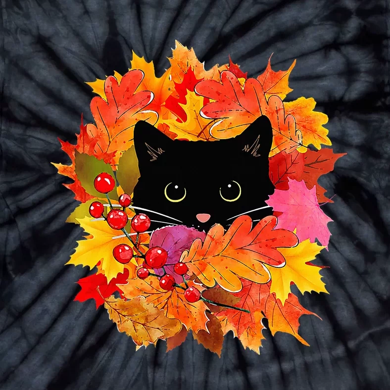 Cute Black Cat Pile of Leaves Cute Cats and Fall Season Tie-Dye T-Shirt