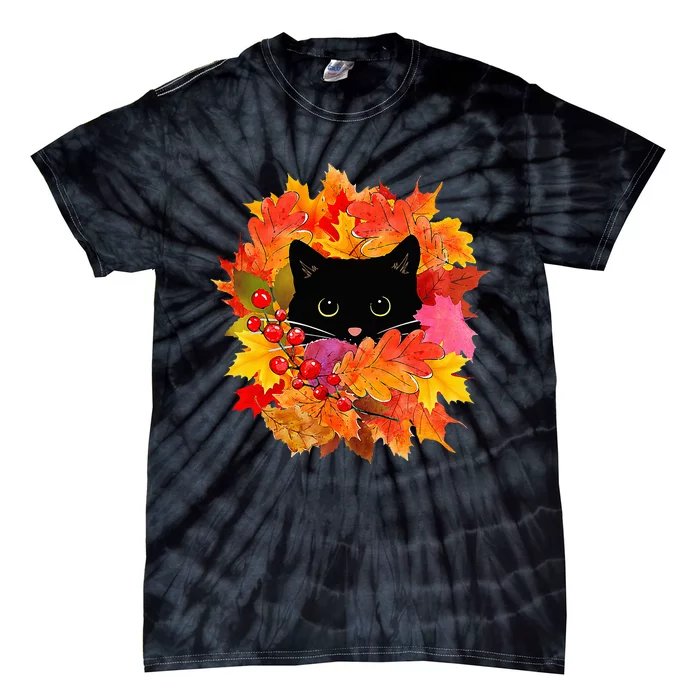 Cute Black Cat Pile of Leaves Cute Cats and Fall Season Tie-Dye T-Shirt