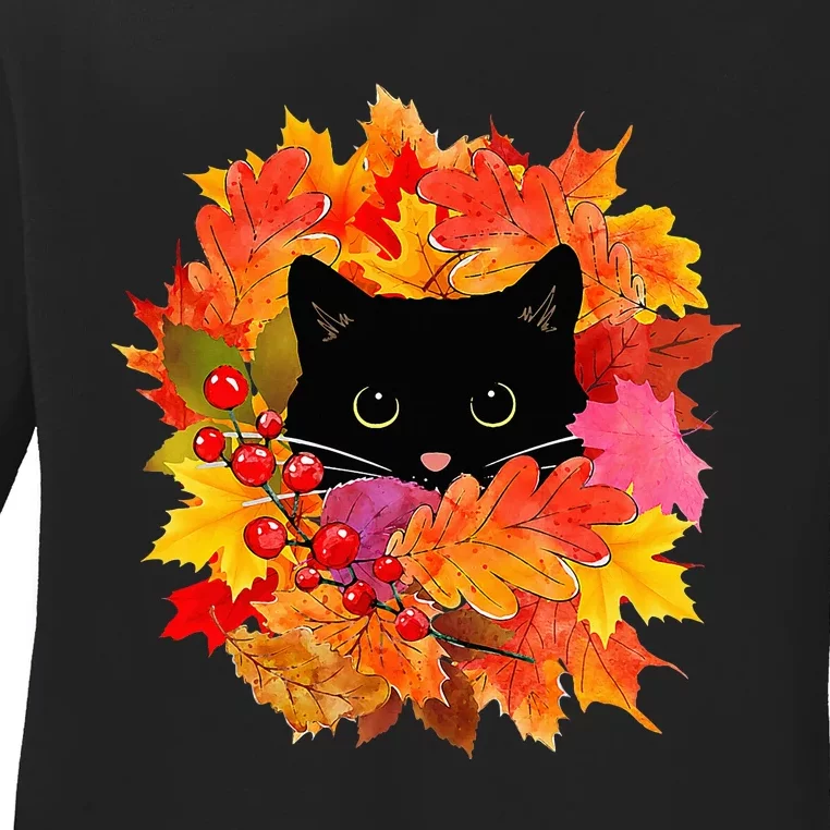 Cute Black Cat Pile of Leaves Cute Cats and Fall Season Ladies Long Sleeve Shirt