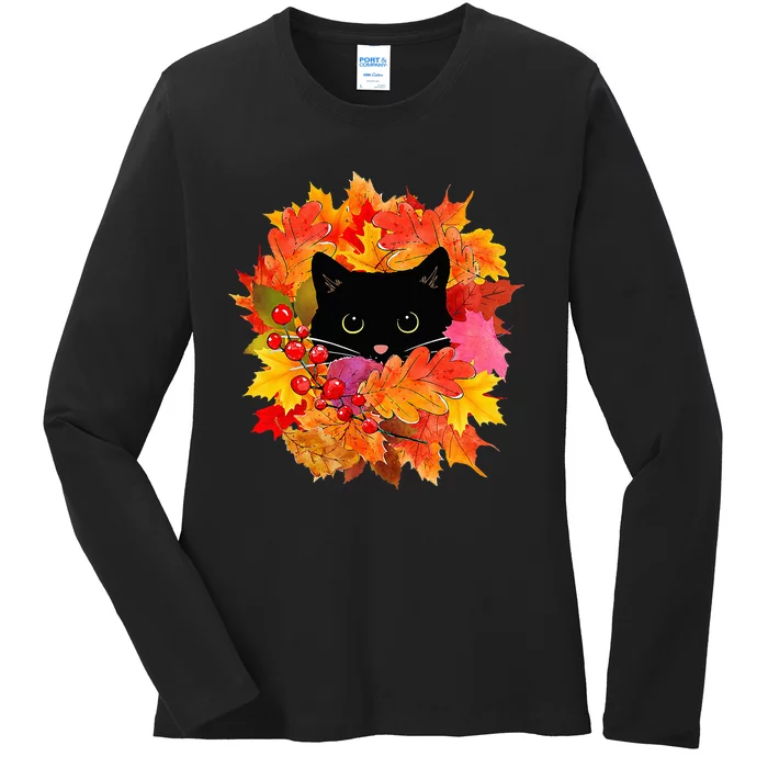 Cute Black Cat Pile of Leaves Cute Cats and Fall Season Ladies Long Sleeve Shirt