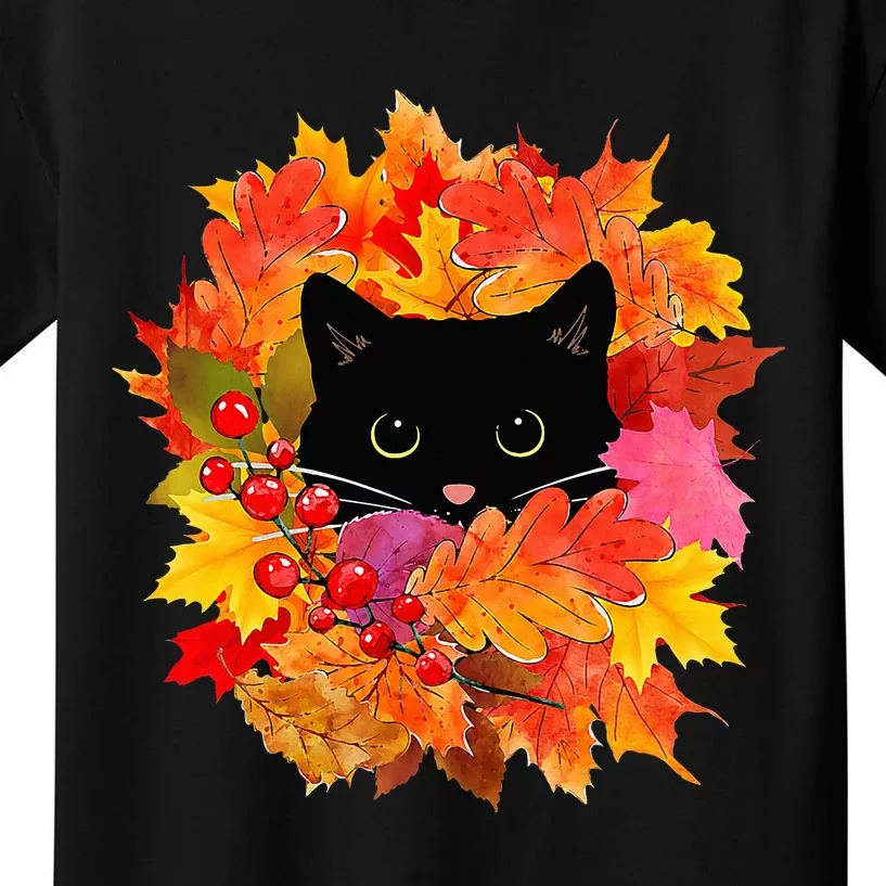 Cute Black Cat Pile of Leaves Cute Cats and Fall Season Kids T-Shirt