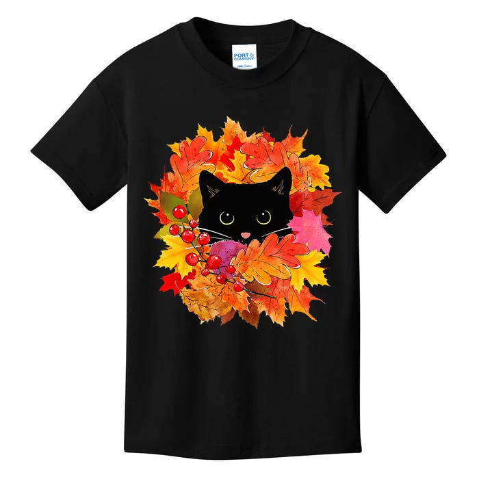 Cute Black Cat Pile of Leaves Cute Cats and Fall Season Kids T-Shirt