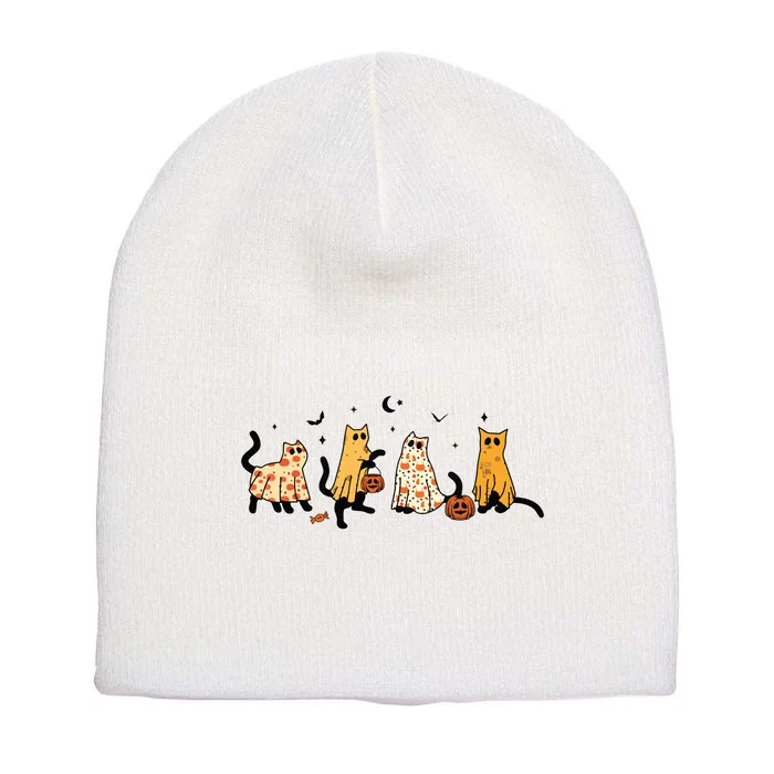 Cute Black Cats In Ghost Costume Women And Halloween Short Acrylic Beanie