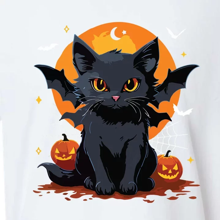 Cute Black Cat With Bat Wings Pumpkin Women Halloween Sueded Cloud Jersey T-Shirt