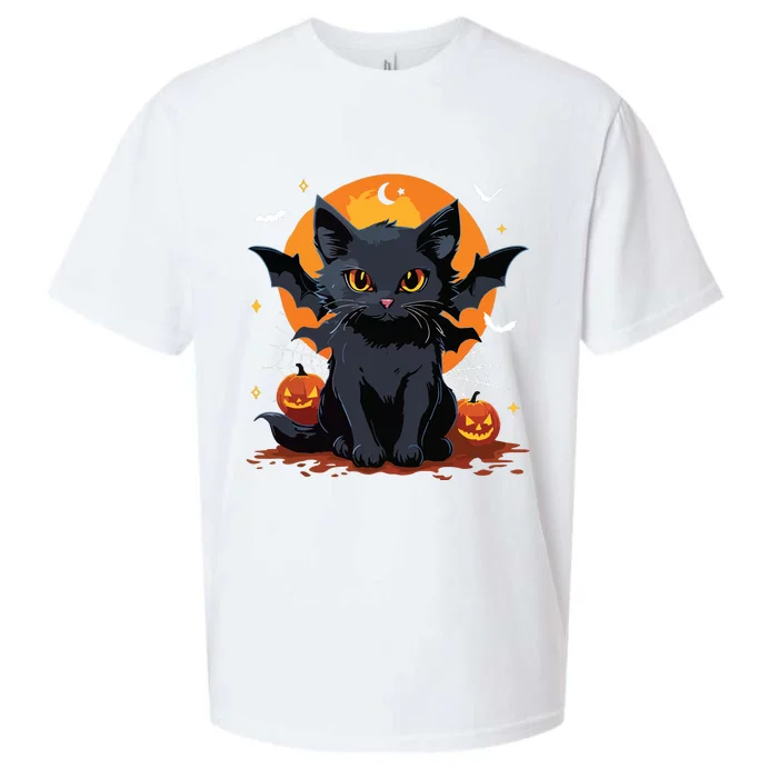 Cute Black Cat With Bat Wings Pumpkin Women Halloween Sueded Cloud Jersey T-Shirt