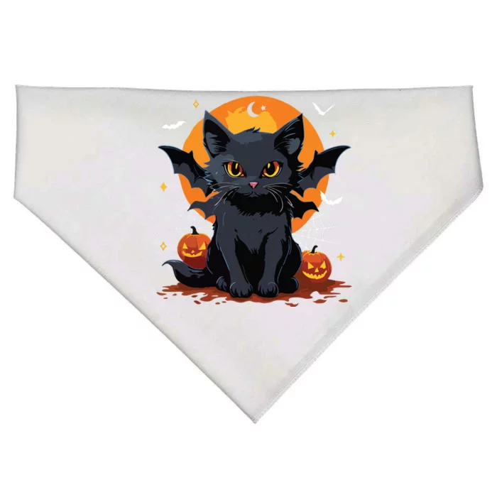 Cute Black Cat With Bat Wings Pumpkin Women Halloween USA-Made Doggie Bandana