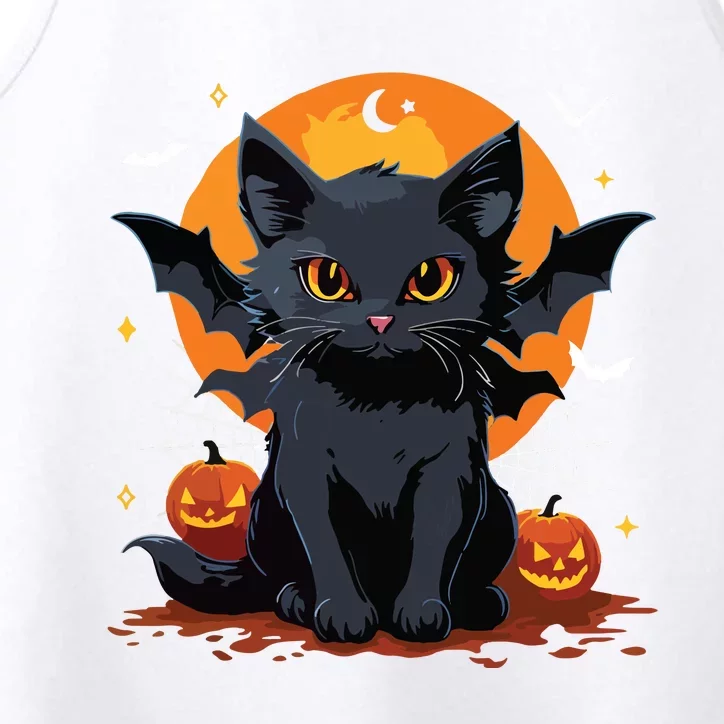 Cute Black Cat With Bat Wings Pumpkin Women Halloween Performance Tank