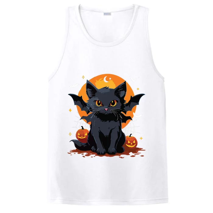 Cute Black Cat With Bat Wings Pumpkin Women Halloween Performance Tank