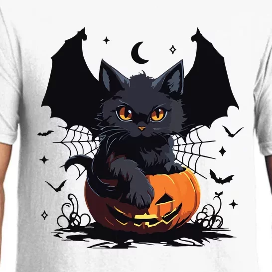 Cute Black Cat With Bat Wings Jack O Lantern Kitty Halloween Pajama Set