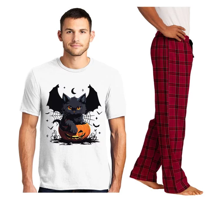 Cute Black Cat With Bat Wings Jack O Lantern Kitty Halloween Pajama Set