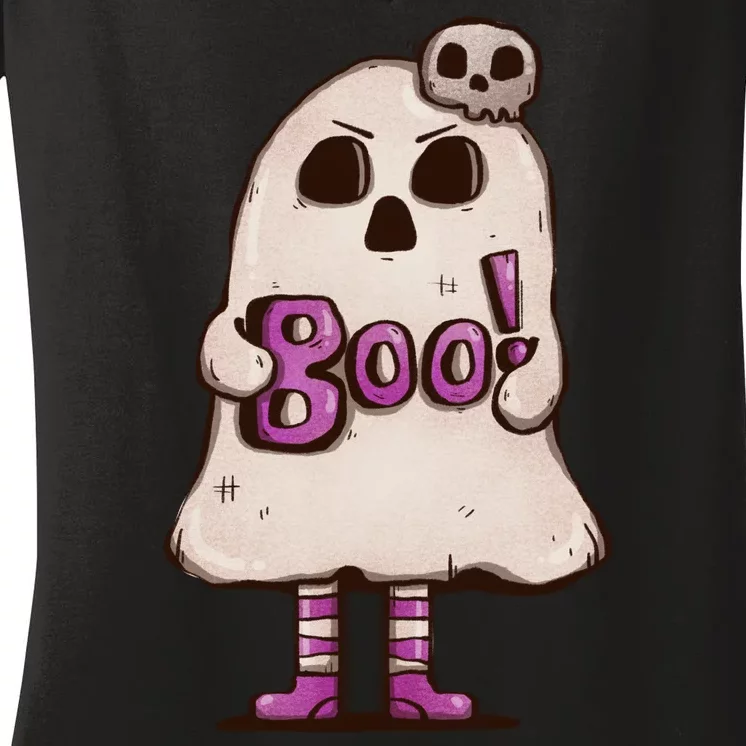 Cute Boo Creepy Scary Skull Skeleton Women's V-Neck T-Shirt