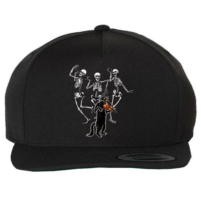 Creepy Black Cat And Dancing Skeleton Dance Of The Death Gift Wool Snapback Cap