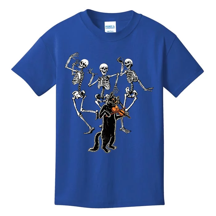 Creepy Black Cat And Dancing Skeleton Dance Of The Death Gift Kids T-Shirt