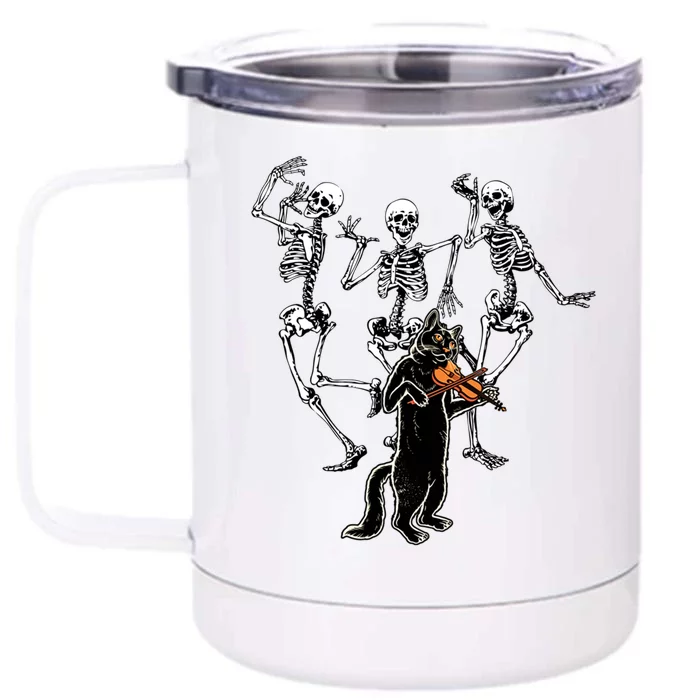 Creepy Black Cat And Dancing Skeleton Dance Of The Death Gift Front & Back 12oz Stainless Steel Tumbler Cup