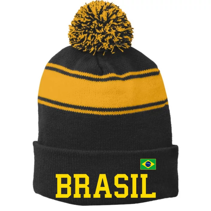 Cool Brasil Country Name Flag Stripe Pom Pom Beanie