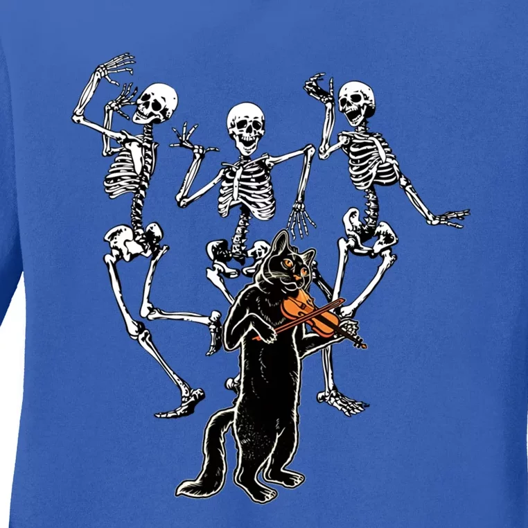 Creepy Black Cat And Dancing Skeleton Dance Of The Death Funny Gift Ladies Long Sleeve Shirt