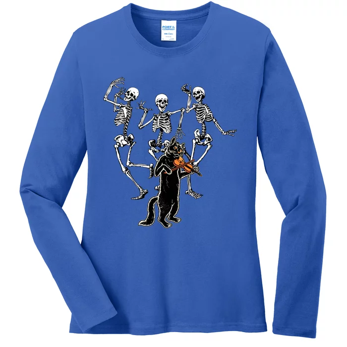 Creepy Black Cat And Dancing Skeleton Dance Of The Death Funny Gift Ladies Long Sleeve Shirt