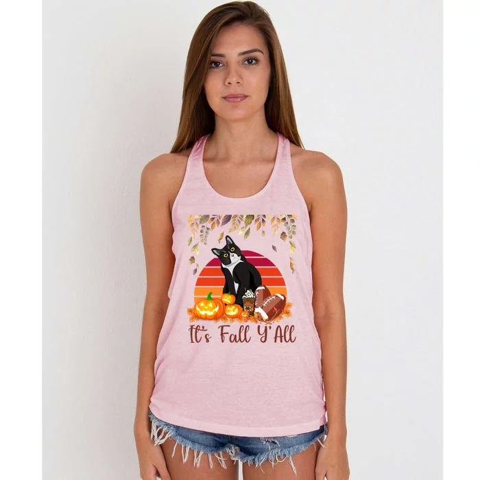 Cute Black Cat Lovers Thanksgiving Halloween ItS Fall YAll Great Gift Women's Knotted Racerback Tank