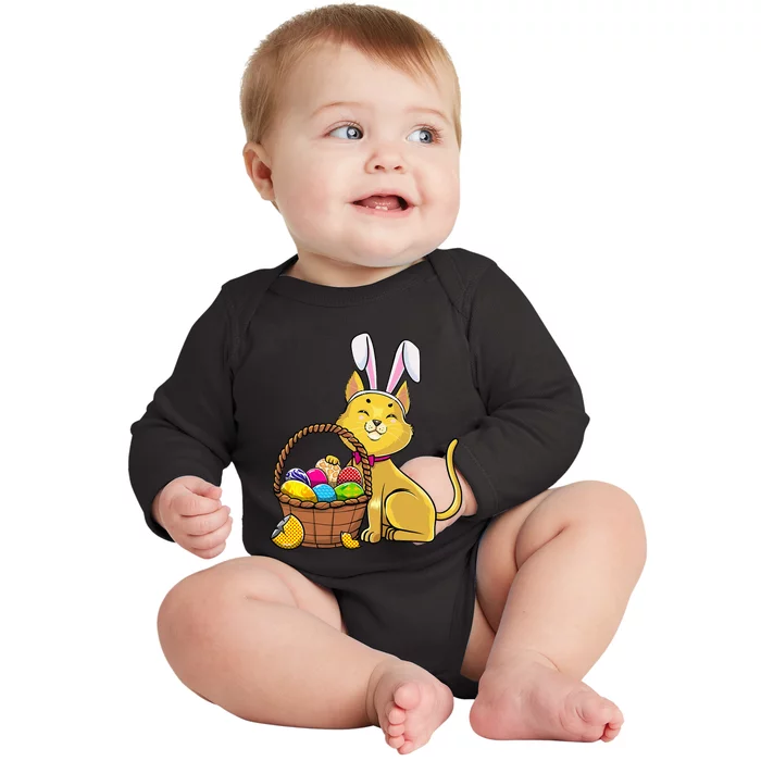 Cute Bunny Cat Eggs Basket Happy Easter day Baby Long Sleeve Bodysuit