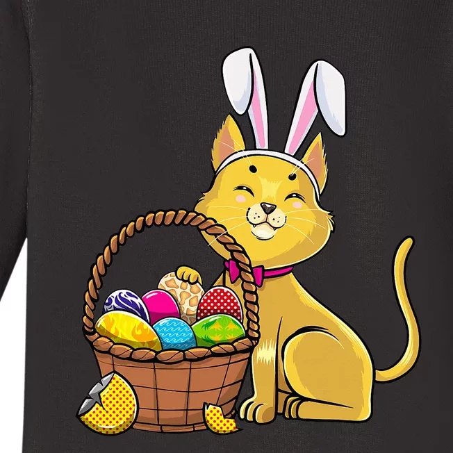 Cute Bunny Cat Eggs Basket Happy Easter day Baby Long Sleeve Bodysuit