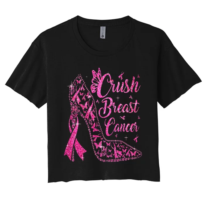 Crush Breast Cancer Awareness Bling Pink Ribbon Women's Crop Top Tee