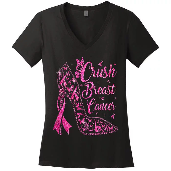 Crush Breast Cancer Awareness Bling Pink Ribbon Women's V-Neck T-Shirt