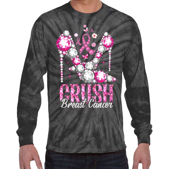 Crush Breast Cancer Awareness Bling Pink Ribbon Tie-Dye Long Sleeve Shirt