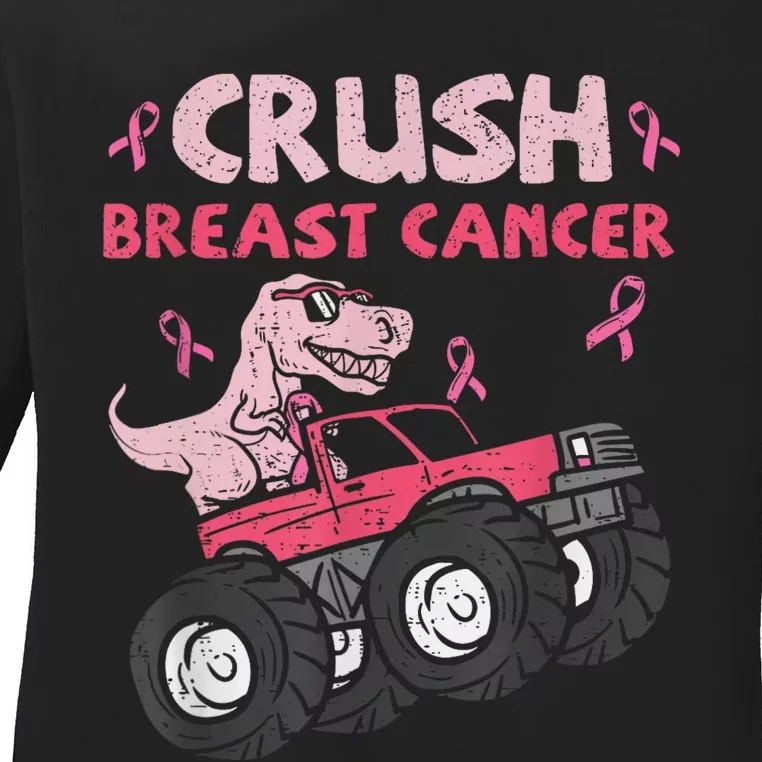 Crush Breast Cancer Awareness Monster Truck Ribbon Ladies Long Sleeve Shirt