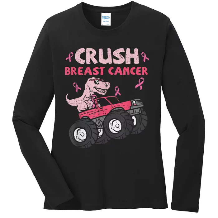 Crush Breast Cancer Awareness Monster Truck Ribbon Ladies Long Sleeve Shirt