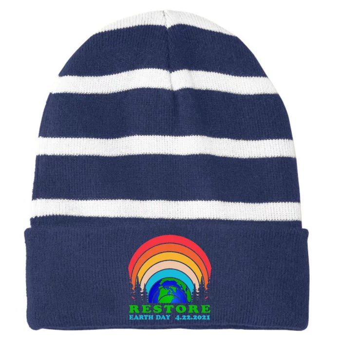 Cute Bright Colorful Earth Day Rainbow Restore Earth Planet Striped Beanie with Solid Band