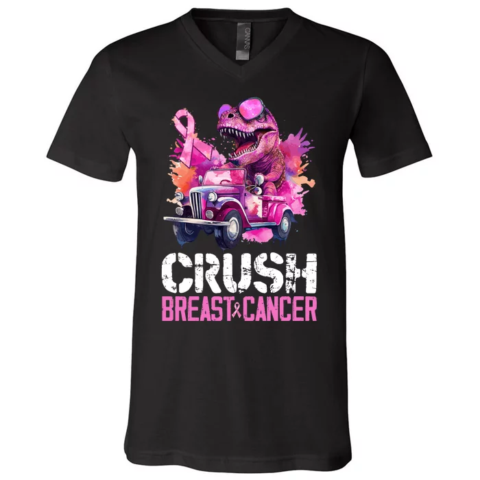 Crush Breast Cancer TRex Dinosaur V-Neck T-Shirt