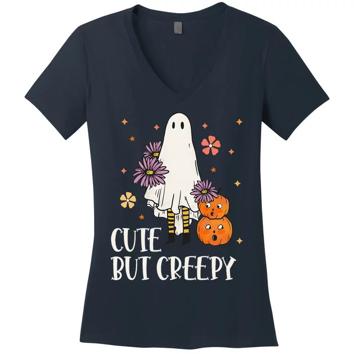 Cute But Creepy Groovy Ghost Spooky Floral Ghost Halloween Women's V-Neck T-Shirt