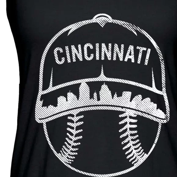 Cincinnati Baseball Cap Cityscape Skyline City Ladies Essential Flowy Tank