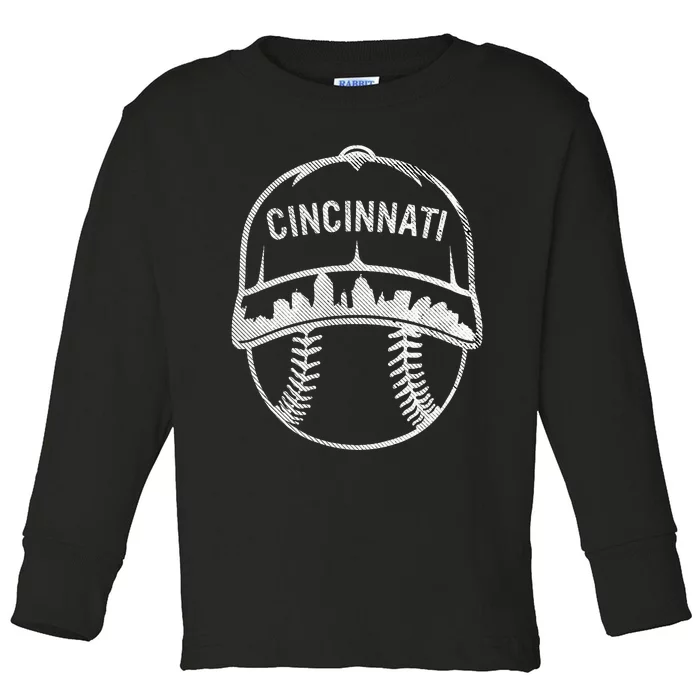 Cincinnati Baseball Cap Cityscape Skyline City Toddler Long Sleeve Shirt