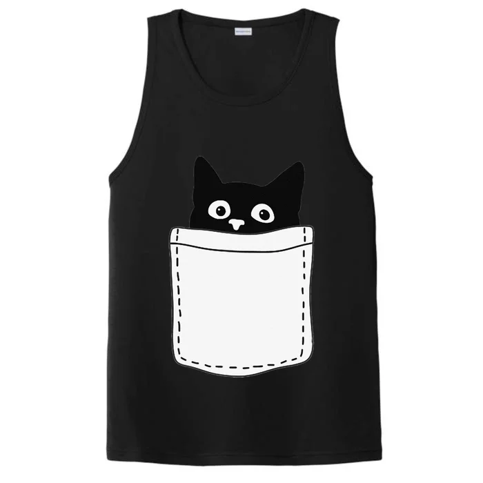 Cute Black Cat Spy Peeking In Pocket For Kitten Lovers Performance Tank