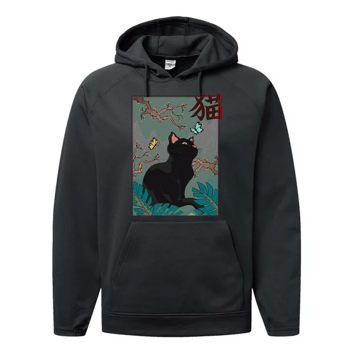 Cherry Blossom Cat Vintage Woodblock Japanese Graphical Art Performance Fleece Hoodie