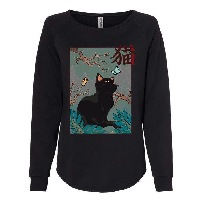 Cherry Blossom Cat Vintage Woodblock Japanese Graphical Art Womens California Wash Sweatshirt