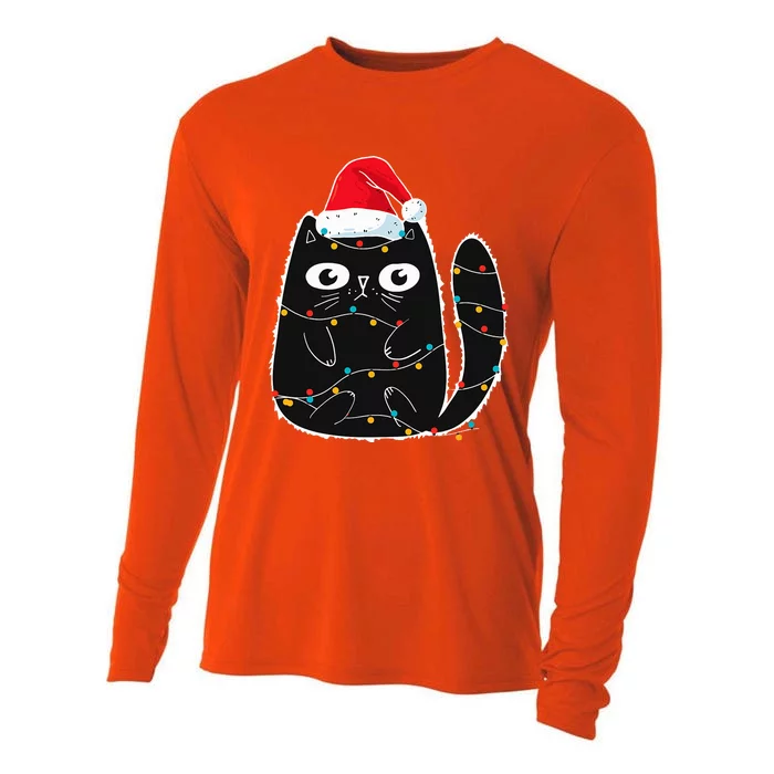 Cute Black Cat Christmas Light Funny Cat Lover Xmas Pajamas Cooling Performance Long Sleeve Crew