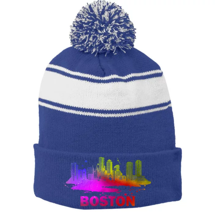 Colorful Boston Cityscape Boston Massachusetts Skyline Stripe Pom Pom Beanie