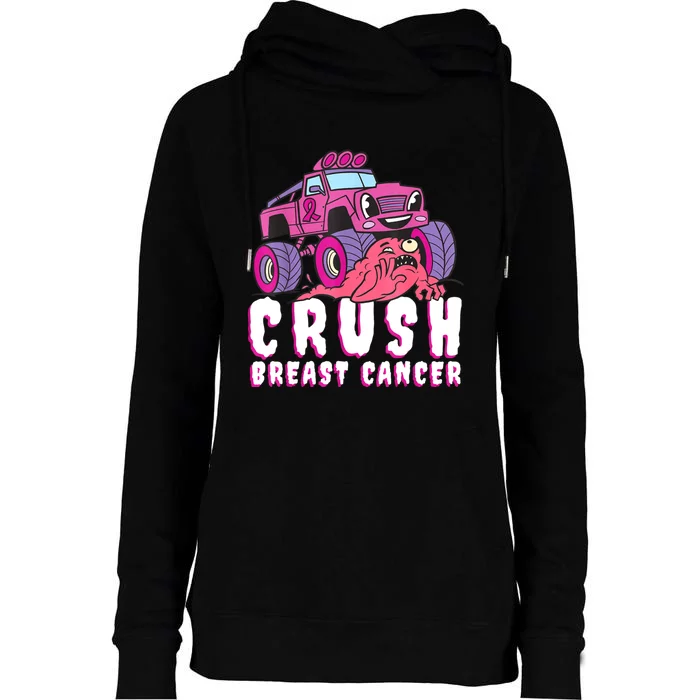 Crush Breast Cancer Awareness Monster Truck October Pink Womens Funnel Neck Pullover Hood