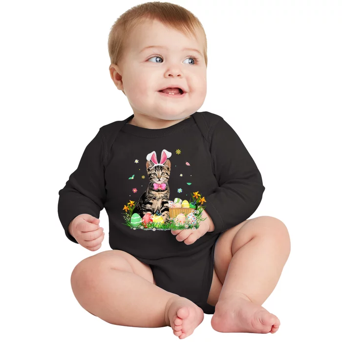 Cute Bunny Cat Eggs Basket Happy Easter day Baby Long Sleeve Bodysuit