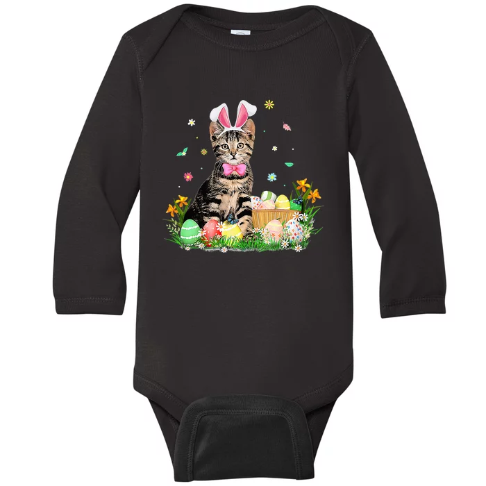 Cute Bunny Cat Eggs Basket Happy Easter day Baby Long Sleeve Bodysuit