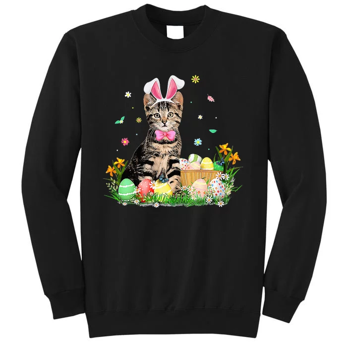 Cute Bunny Cat Eggs Basket Happy Easter day Tall Sweatshirt