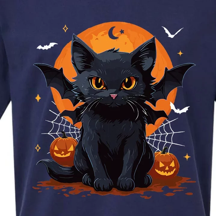 Cute Black Cat With Bat Wings Pumpkin Women Halloween Sueded Cloud Jersey T-Shirt