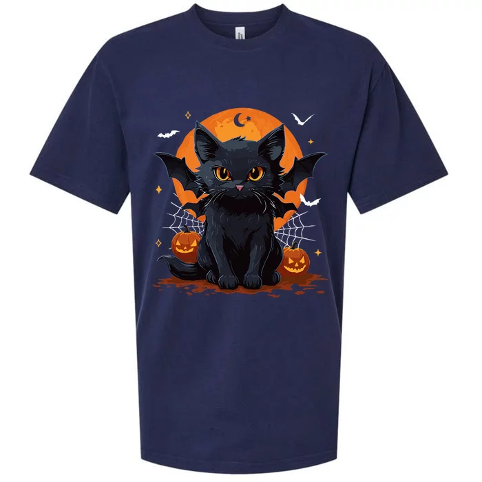 Cute Black Cat With Bat Wings Pumpkin Women Halloween Sueded Cloud Jersey T-Shirt