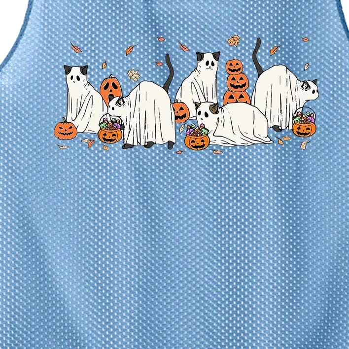 Cute Black Cats In Ghost Costume Women And Halloween Mesh Reversible Basketball Jersey Tank