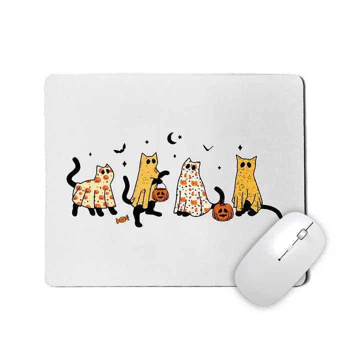 Cute Black Cats In Ghost Costume Women And Halloween Mousepad